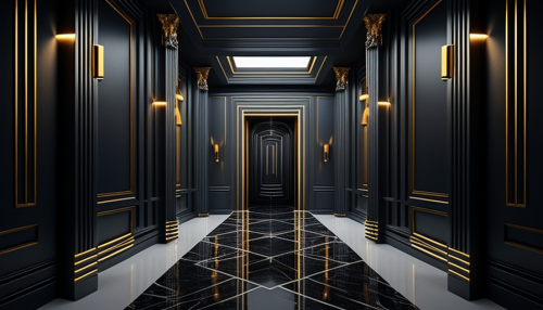 Futuristic long hallway with black marble and gold accents