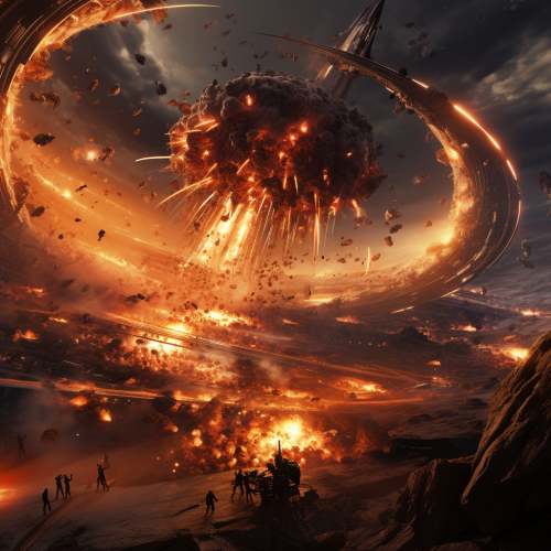 Futuristic dogfight battle on Saturn rings with explosions Futuristic dogfight battle on Saturn rings with explosions