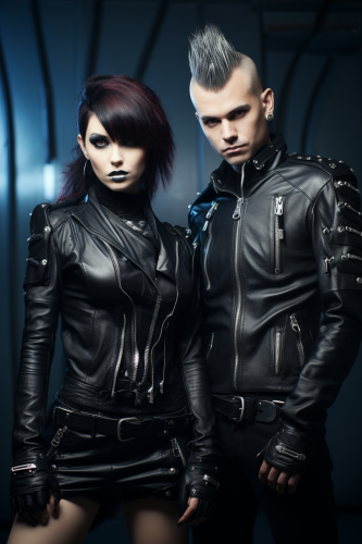 Futuristic punk male and female in black uniforms