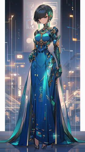 A futuristic qipao robot girl in a city