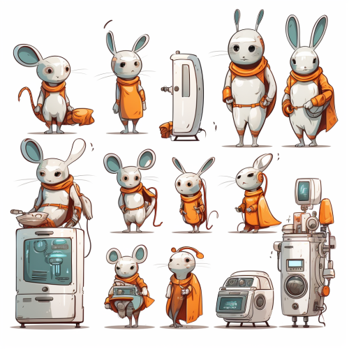 Cartoon futuristic rabbit humans with home appliances