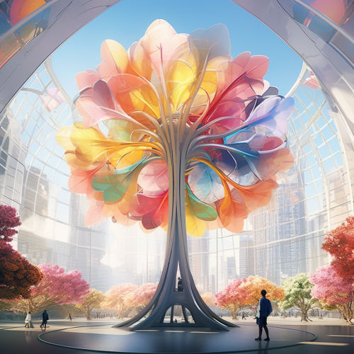 Futuristic rainbow windmill in colorful future city Futuristic rainbow windmill in colorful future city