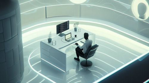 Person using computer in futuristic room