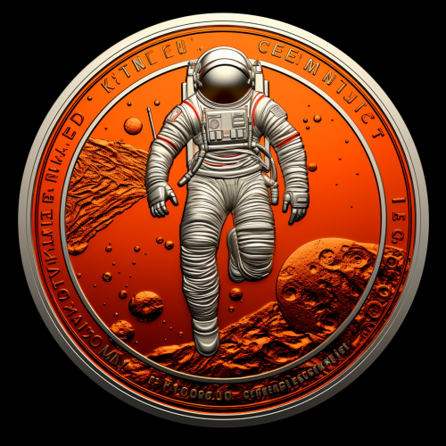 Engraved realistic futuristic astronaut landing on Planet Genesys