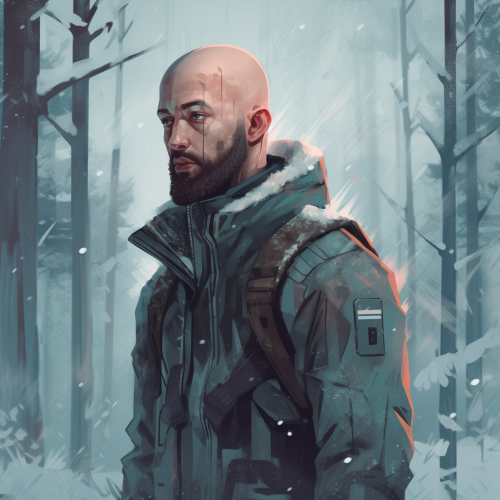Tough futuristic hunter in snow-covered forest