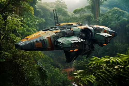 Spaceship taking off from jungle