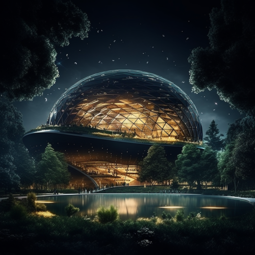 Futuristic stadium with trees and lights