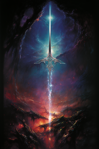 Futuristic sword with metallic, gray, and lilac colors