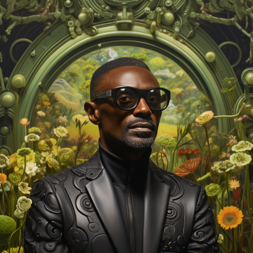 Futuristic black middle aged man in lush garden