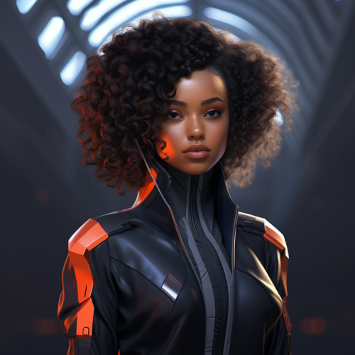 Stylish young black woman in futuristic attire
