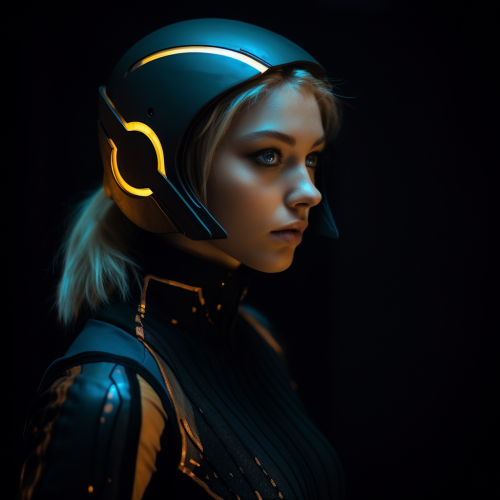 Futuristic Woman Portrayed in Black, Gold, and Blue Futuristic Woman Portrayed in Black, Gold, and Blue