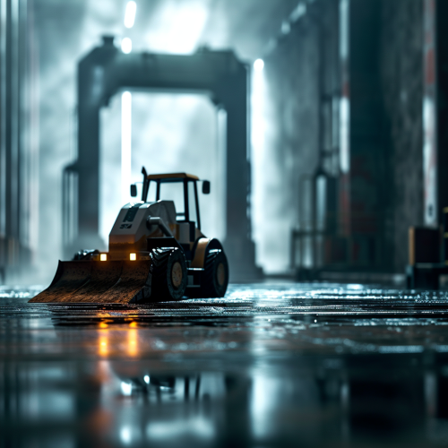 Futuristic metallic grader in front of metal instruction