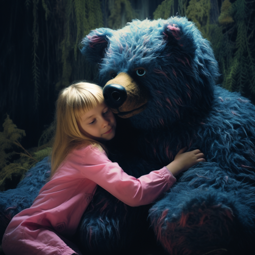 Cute pink bear hugging girl in forest