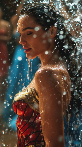 Gal Gadot smiling in champagne-soaked gown