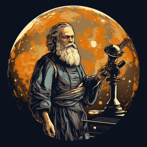 Galileo Galilei observing Jupiter's moons through his telescope