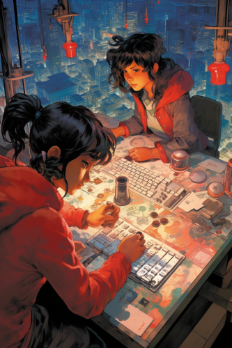 Illustration of girls in a futuristic game room