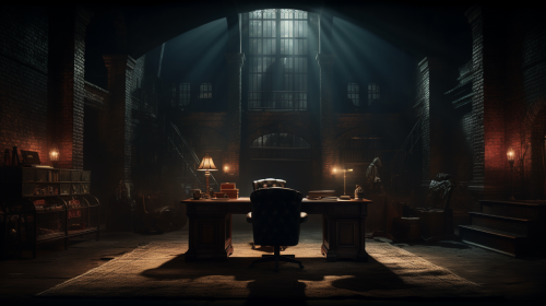 Gangster sitting at desk smiling in dimly lit office