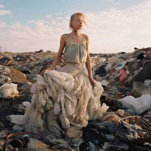 Fashionably dressed garbage worker in trash field