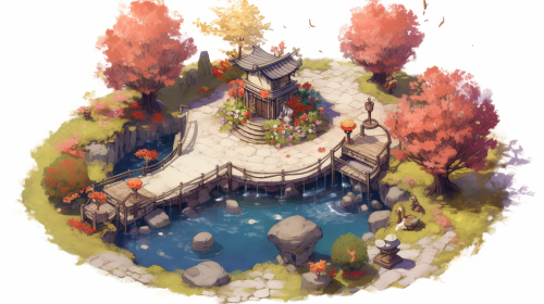 Serene garden with pond and swings