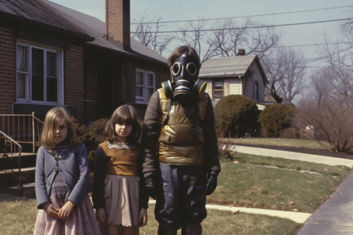 Gas Mask Man with Puzzled Children