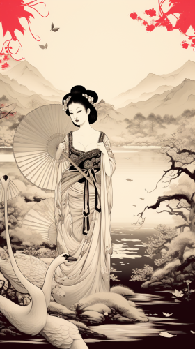 Geisha with Family of Swans by the Lake