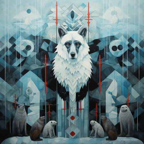 Abstract landscape with geometric shapes and totem animals