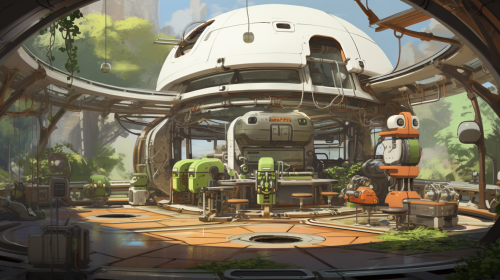Engineers working in futuristic outdoor workshop Engineers working in futuristic outdoor workshop