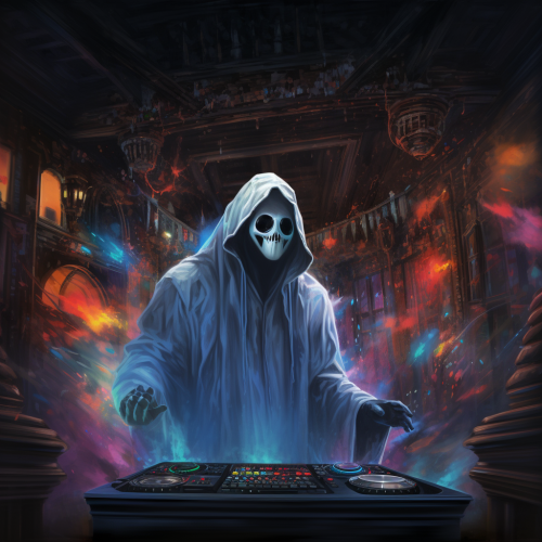 Photorealistic ghost DJ playing in a haunted club Photorealistic ghost DJ playing in a haunted club