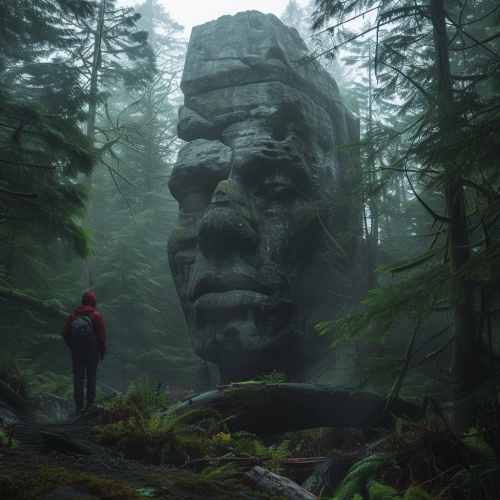 Ancient Head Statue in Green Forest