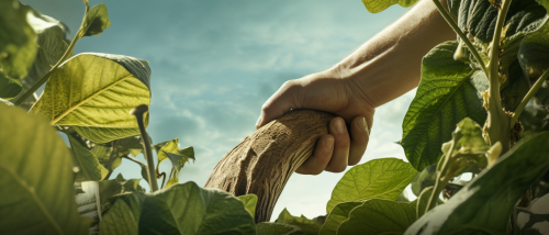 Close up of hands chopping down giant beanstalk