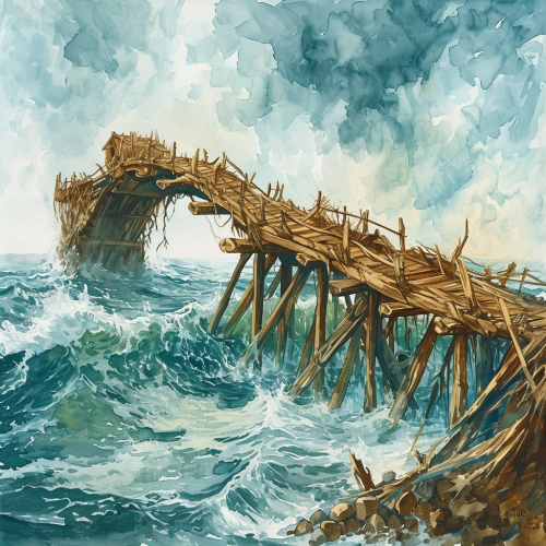 Illustration of a giant beaver dam on an ocean with a lookout bridge Illustration of a giant beaver dam on an ocean with a lookout bridge