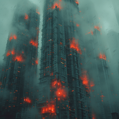 Giant building with snake scales and red window lights