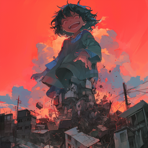 Giant child stepping over buildings destruction