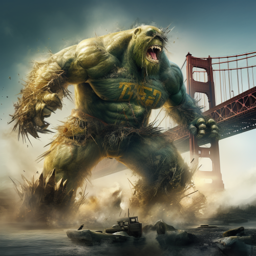 Giant Monster in GreenBay Packers Uniform Breaking Bridge.