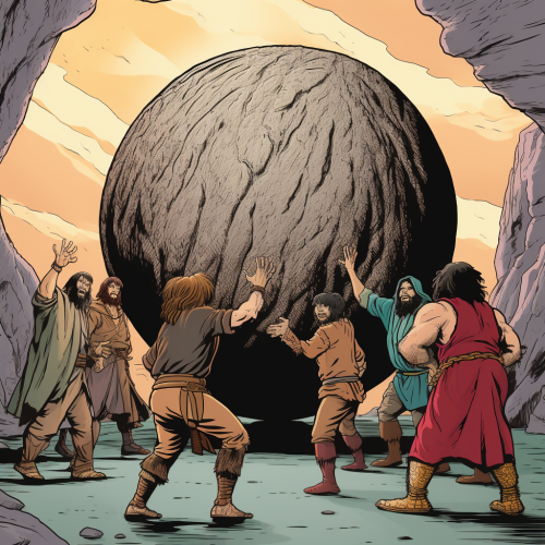 Cavemen worshipping giant orb in 1970s comic style