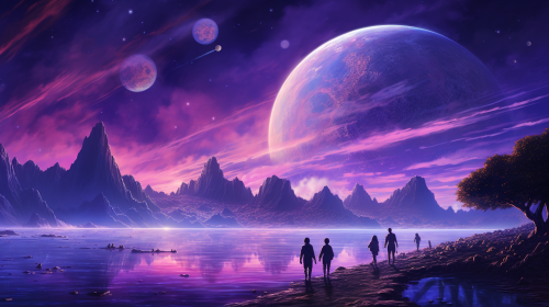 Korean kids running towards giant planet on water