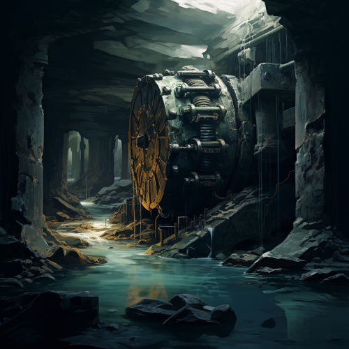 Pipe emerging from rock wall in flooded control room