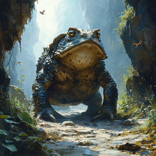 Giant toad fiercely smashing ground with hammer