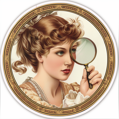 Gibson girl with magnifying glass