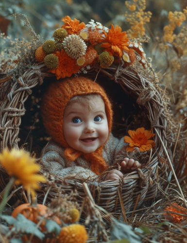 Baby wearing pumpkin hat crawling cornucopia