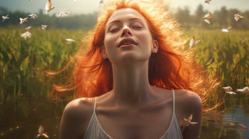 Ginger woman in white dress emerging from pond