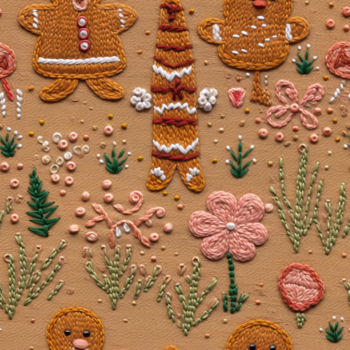 Detailed gingerbread embroidery on textured fabric