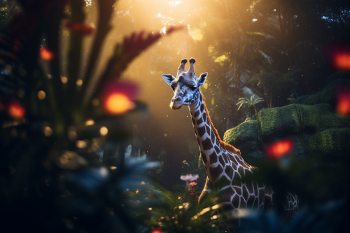 Giraffe in Bromeliad Forest under Cinematic Blue Lighting