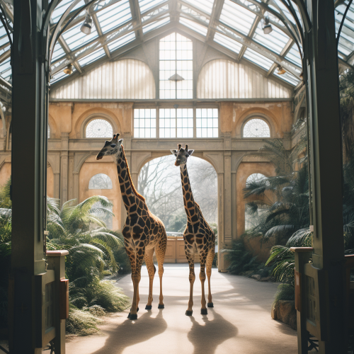 Giraffes exploring zoo enclosure