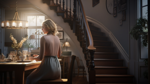 Girl Opening Bedroom Door, Descending Stairs