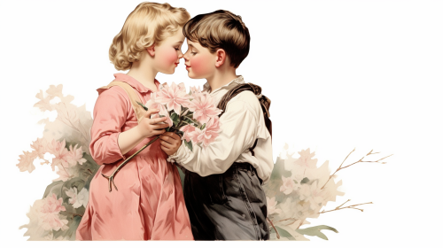 Little girl with flower and boy kissing cheek
