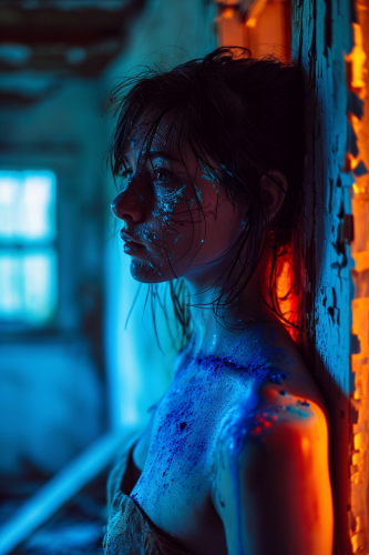 Girl in a burning house with blue sand on her chest