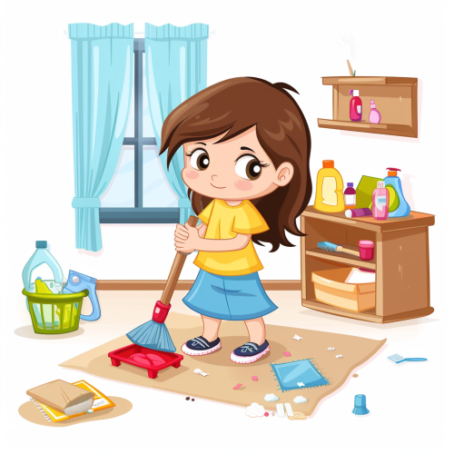 Girl cleaning room cartoon style