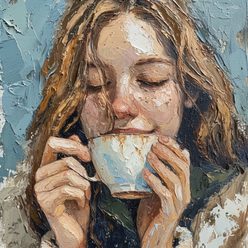 Van Gogh style girl drinking coffee