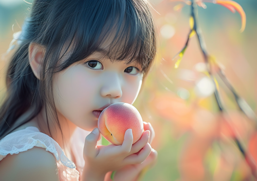 Girl eating a peach Japanese tween model Girl eating a peach Japanese tween model
